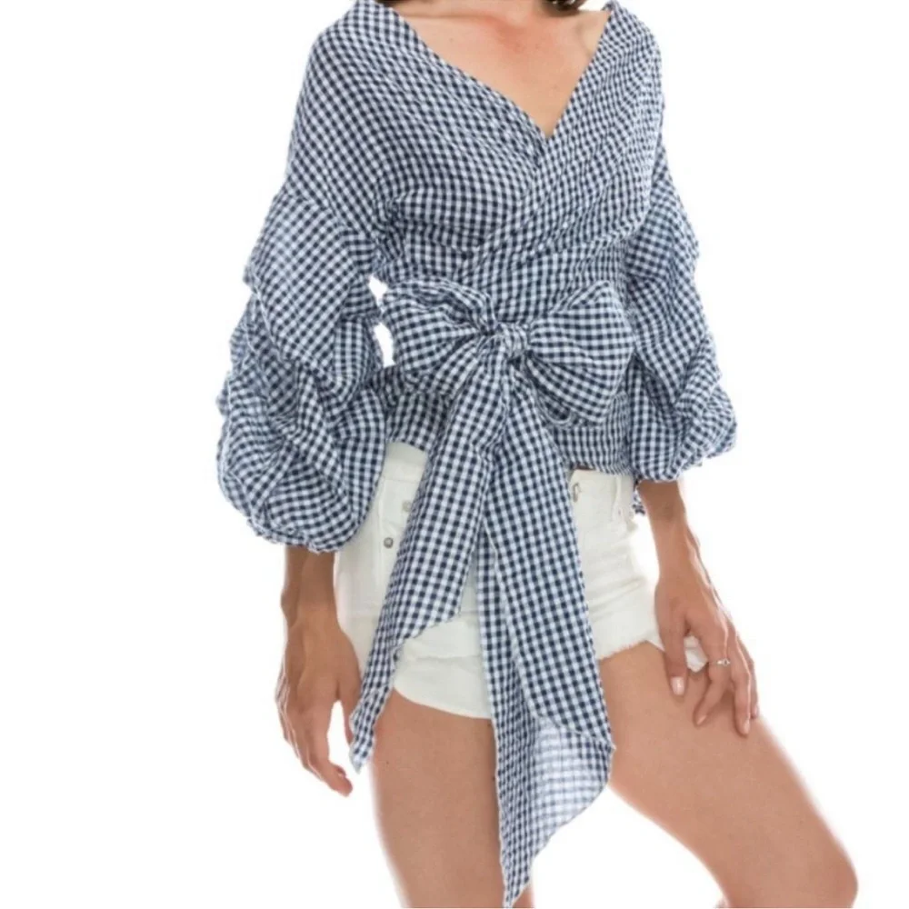 Blue Gingham Wrap Top - Picture 3 of 13